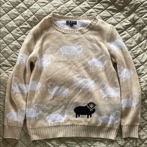 POL Tan and White Black Sheep Crew Neck Sweater